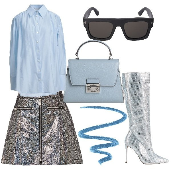Outfit donna - Camicia e stivale argentato. Stile Glamour per Serata fuori. Abbinamento con stivali, camicie, minigonne, borse a mano, occhiali da sole, eyeliner.