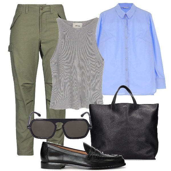 Outfit donna - Camicia azzurra e cargo pants. Stile Mannish per Tutti i giorni. Abbinamento con pantaloni cargo, canottiere, camicie, mocassini, occhiali da sole, shopping bag.