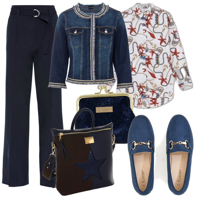 Outfit donna - Look pratico e sfizioso. Stile Casual per Ufficio. Abbinamento con blazer, pantaloni, camicie, mocassini, zaini, portamonete.