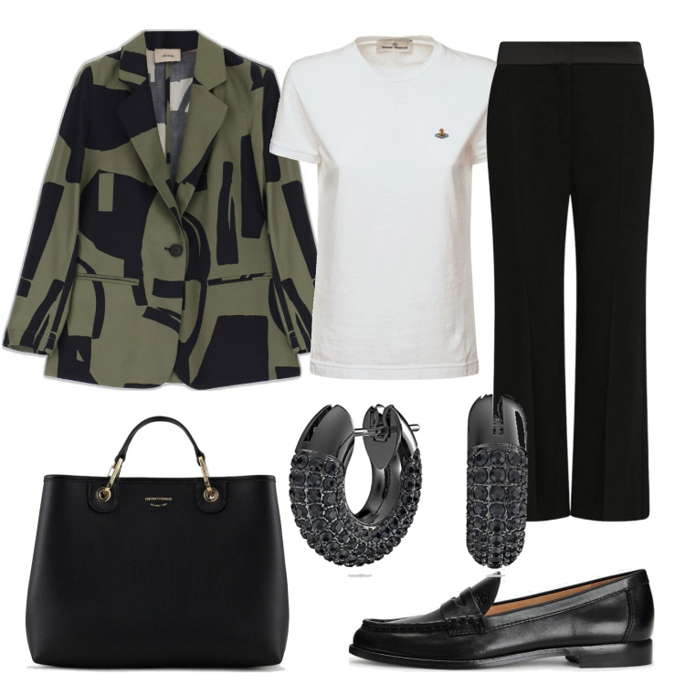 Outfit donna - La t-shirt bianca. Stile Mannish per Ufficio. Abbinamento con pantaloni, shopping bag, giacche, mocassini, t-shirt, orecchini.