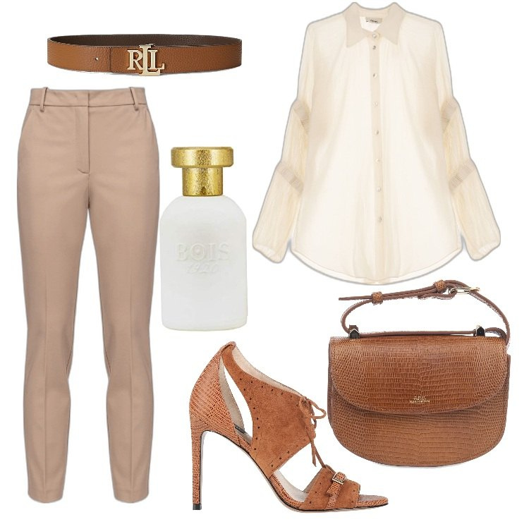 Outfit donna - aperitivo con amore. Stile Trendy per Tutti i giorni. Abbinamento con sandali in pelle, camicie, pantaloni, cinture, profumi, borse a spalla.