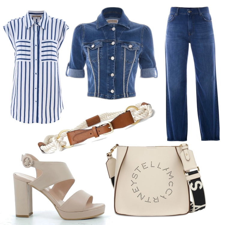 Outfit donna - Casual con jeans. Stile Casual per Tutti i giorni. Abbinamento con sandali in pelle, cinture, camicie a manica corta, giacche, jeans, borse a spalla.