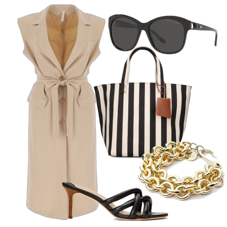 Outfit donna - Total look #1618877. Stile Chic per Tutti i giorni. Abbinamento con vestiti midi/longuette, braccialetti, occhiali da sole, sandali in pelle, shopping bag.