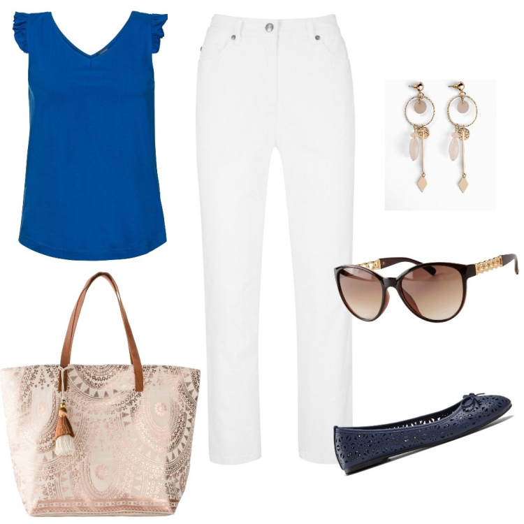 Outfit donna - Mamma young. per Tutti i giorni. Abbinamento con pantaloni, top, orecchini, ballerine, shopping bag, occhiali da sole.