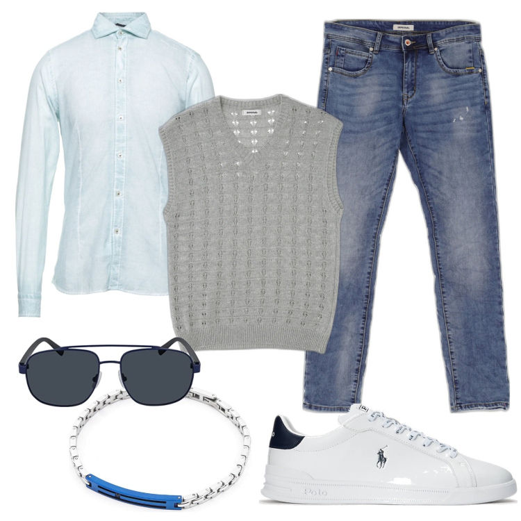 Outfit uomo - Un gilet primaverile. Stile Casual per Serata speciale. Abbinamento con camicie, gilet, jeans dritti, braccialetti, sneakers, occhiali da sole.