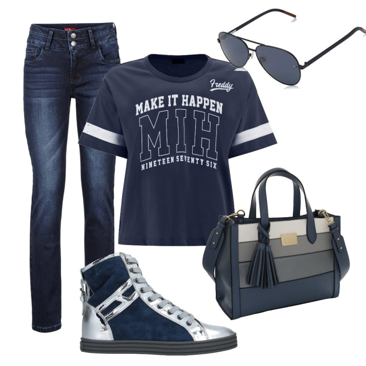 Outfit donna - Patrizia. Stile Trendy per Tutti i giorni. Abbinamento con jeans, sneakers alte, t-shirt, borse a mano, occhiali da sole.
