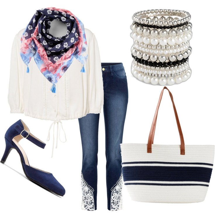 Outfit donna - Festa della mamma. Stile Romantica per Tutti i giorni. Abbinamento con décolleté, braccialetti, jeans skinny, camicie, foulard, shopping bag.
