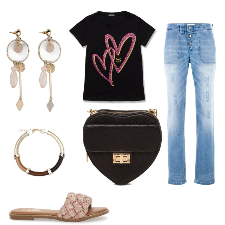 Outfit donna - Romantica a modo mio. Stile Romantica per Tutti i giorni. Abbinamento con jeans boyfriend, orecchini, braccialetti, borse a tracolla, t-shirt, ciabatte.
