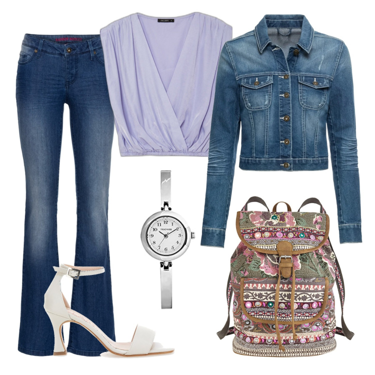 Outfit donna - Total look/ all’università. Stile Trendy per Scuola/Università. Abbinamento con jeans bootcut, blazer, zaini, bluse, sandali col tacco, orologi analogici.