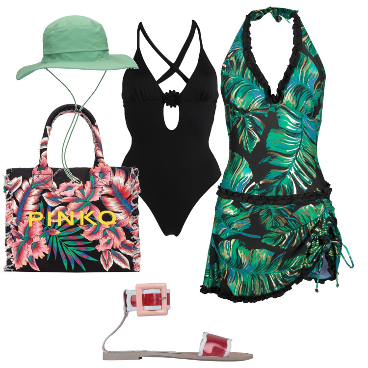 Outfit donna - Al mare con stile. Stile Trendy per Mare. Abbinamento con vestiti da spiaggia, costumi interi, sandali in pelle, shopping bag, cappelli.