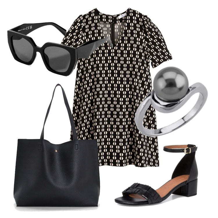 Outfit femme - Soyez élégante en noir et blanc. Style Casual chic pour Tous les jours. Assortir avec sacs tote, bagues, robes courtes, lunettes de soleil, sandales à talon.