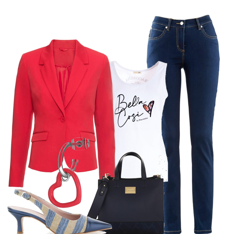 Outfit donna - Casual chic tutti i giorni. Stile Casual chic per Tutti i giorni. Abbinamento con jeans dritti, blazer, canottiere, orecchini, décolleté, borse a mano.