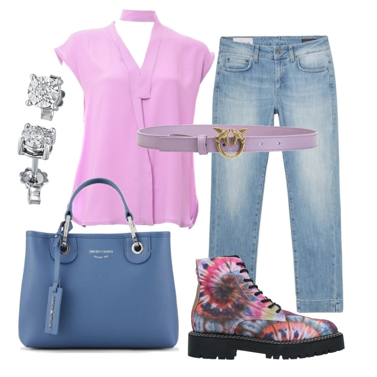 Outfit donna - Total look #1619505. Stile Sporty chic per Tutti i giorni. Abbinamento con stivaletti, orecchini, cinture, jeans, bluse, shopping bag.