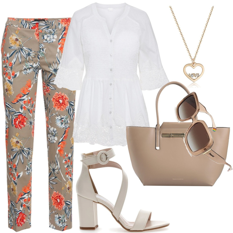 Outfit donna - Collana cuore/love idea regalo. Stile Casual per Tutti i giorni. Abbinamento con pantaloni, camicie, borse a mano, collane, occhiali da sole, sandali col tacco.