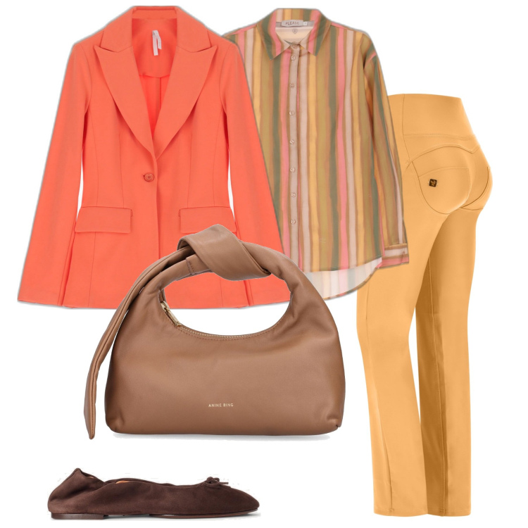 Outfit donna - Un giorno di sole. Stile Casual chic per Tutti i giorni. Abbinamento con camicie, blazer, pantaloni, ballerine, borse a mano.