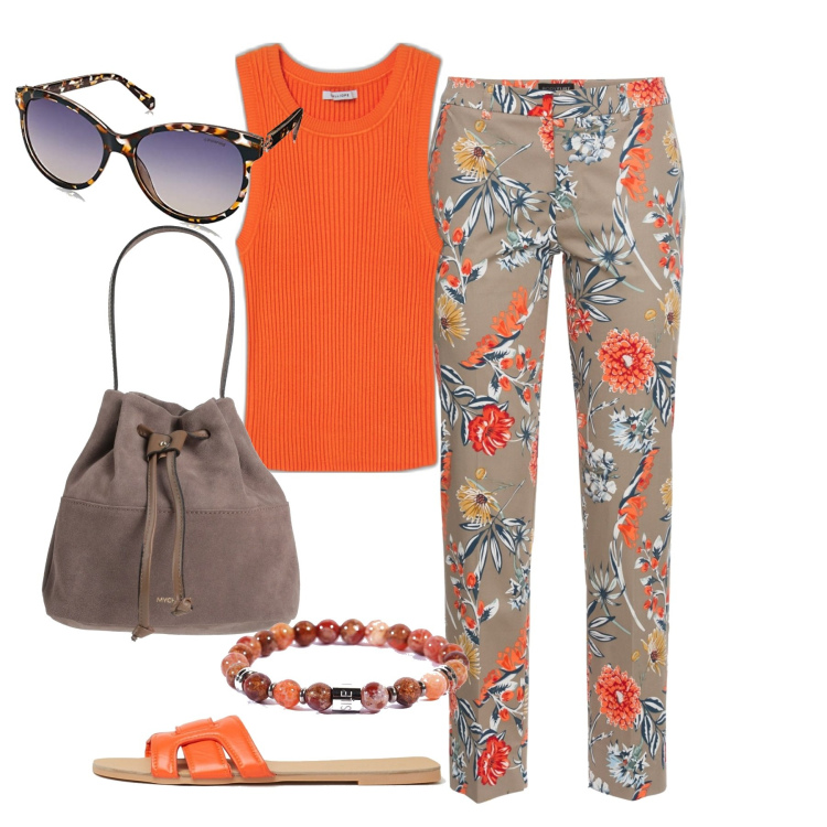 Outfit donna - Pant fantasia. Stile Casual chic per Tutti i giorni. Abbinamento con pantaloni, borse a mano, braccialetti, canottiere, ciabatte, occhiali da sole.