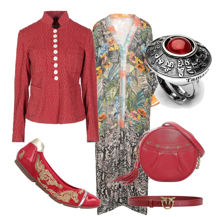 Outfit donna - Ispirazione orientale. Stile Etnico per Ufficio. Abbinamento con ballerine, blazer, vestiti lunghi, borse a spalla, anelli, cinture.
