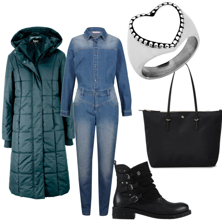 Outfit donna - Tuta in jeans. Stile Casual chic per Tutti i giorni. Abbinamento con blazer, tute, stivaletti, anelli, borse tote.