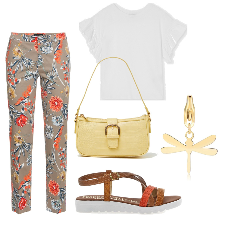 Outfit donna - Piena Primavera. Stile Romantica per Tutti i giorni. Abbinamento con pantaloni, ciondoli, t-shirt, borse a spalla, sandali.