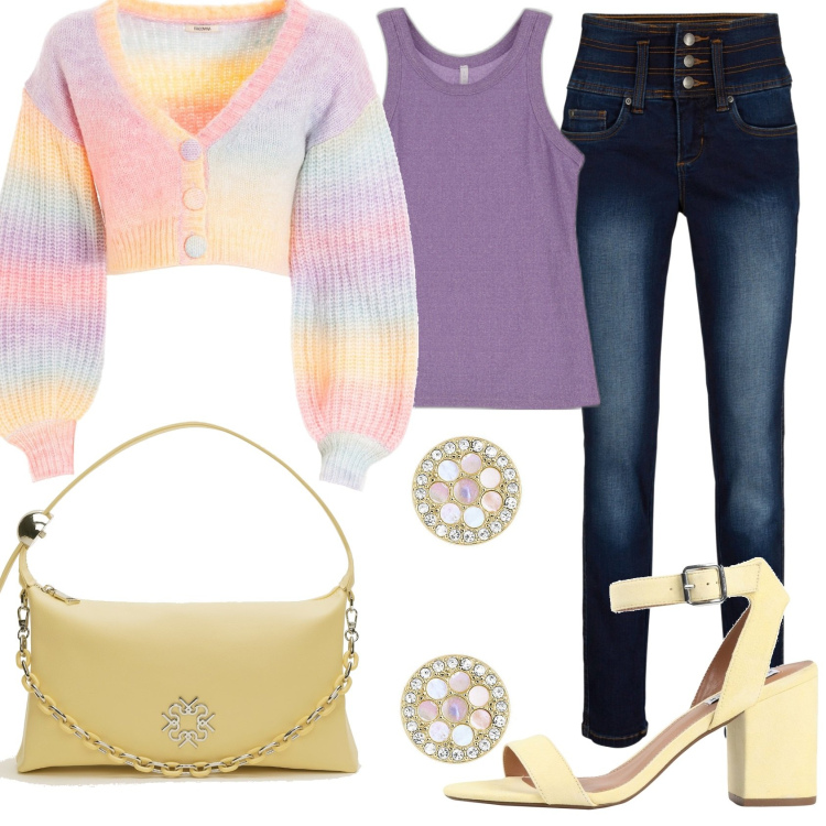 Outfit donna - Maggio o Novembre?. Stile Casual chic per Tutti i giorni. Abbinamento con sandali col tacco, jeans, cardigans, orecchini, borse a spalla, canottiere.