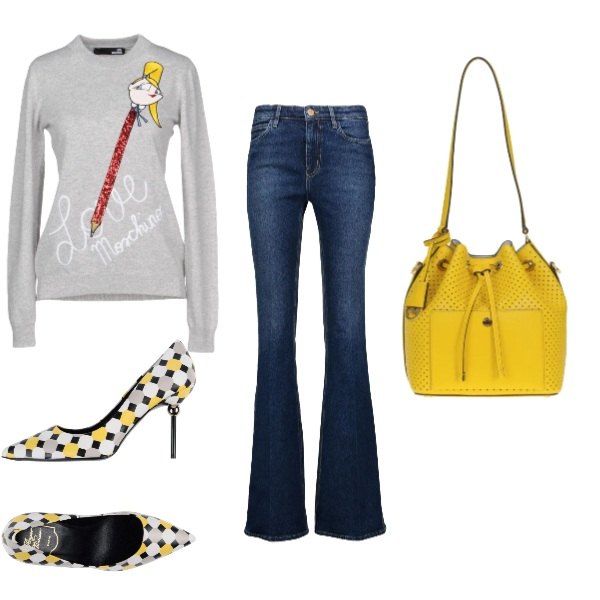 Outfit donna - Trendy #20866. Stile Trendy Abbinamento con pullover senza tasche lavorato a maglia collo tondo a maniche lunghe tinta unita, jeans wide leg delavé vita alta con zip tinta unita, décolleté fantasia geometrica a punta, borsa a tracolla secchiello con manico e coulisse con tracolla removibile.