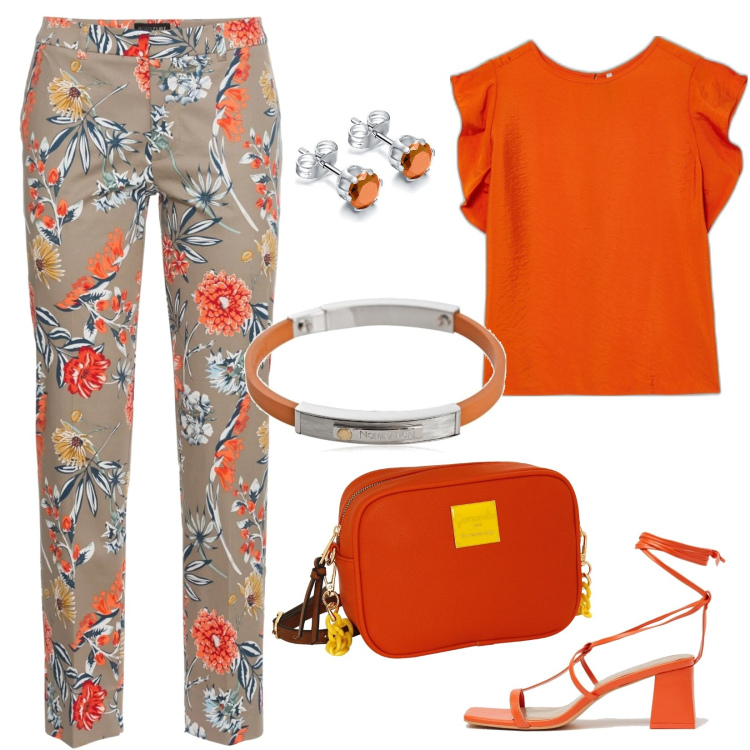 Outfit donna - Giornata di shopping estivo. Stile Basic per Tutti i giorni. Abbinamento con pantaloni, orecchini, bluse, sandali in pelle, borse a tracolla, braccialetti.