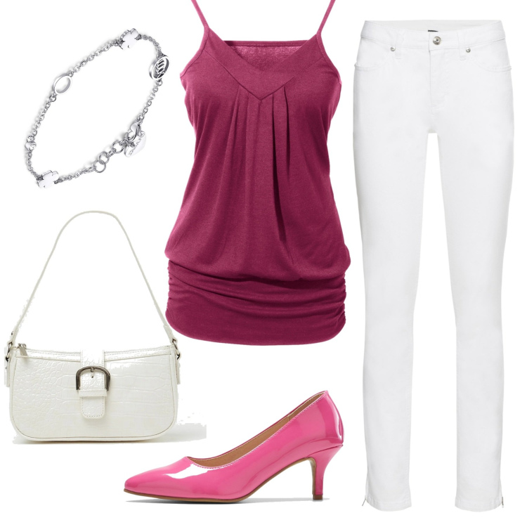 Outfit donna - A pranzo con gli amici. Stile Casual chic per Serata fuori. Abbinamento con top, jeans skinny, décolleté, braccialetti, borse a spalla.