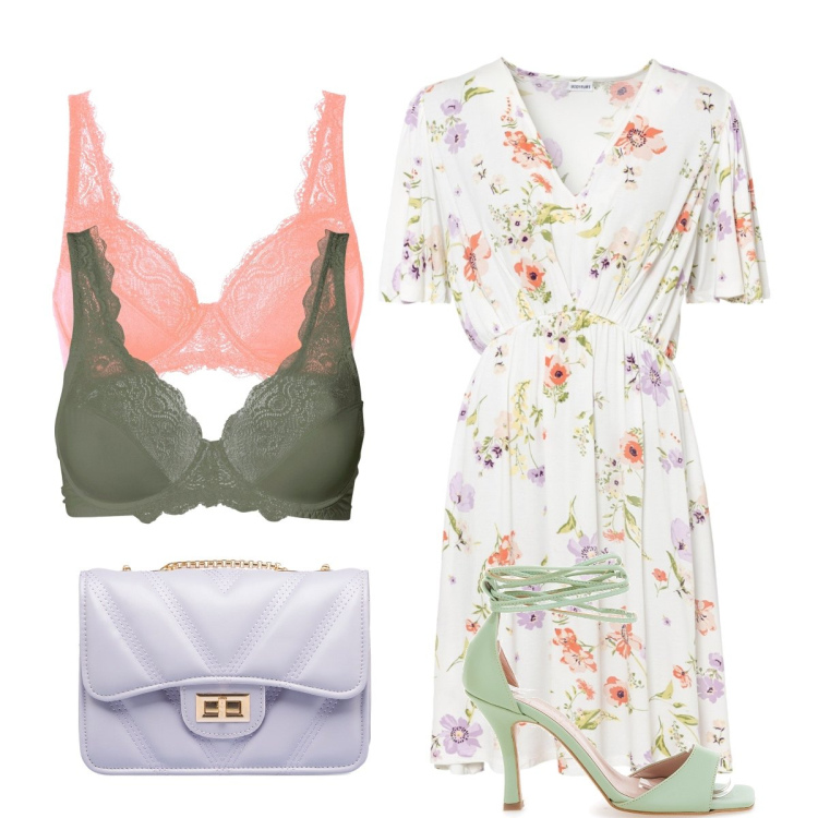 Outfit donna - Il mio bouquet. Stile Romantica Abbinamento con reggiseni, vestiti, borse a tracolla, sandali col tacco.