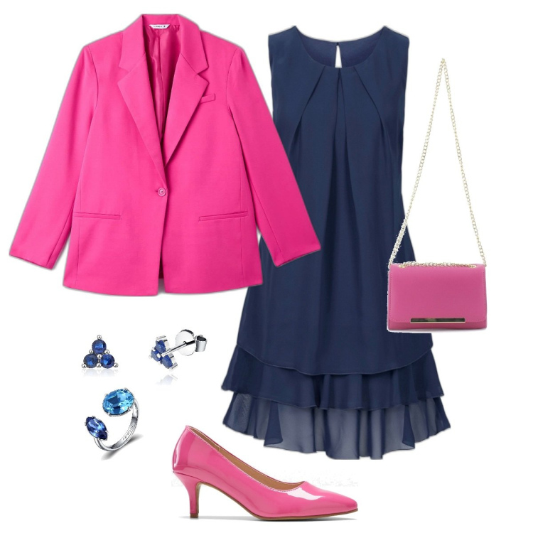Outfit donna - Casual chic. Stile Casual chic per Cerimonia. Abbinamento con vestiti, décolleté, blazer, orecchini, anelli, clutch.