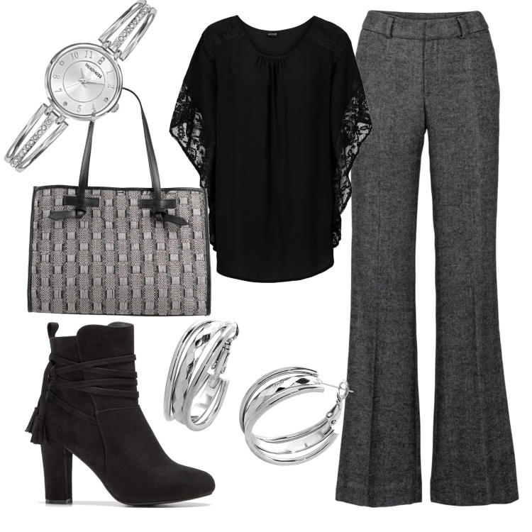 Outfit donna - Total look/ a pranzo con i colleghi. Stile Chic per Serata fuori. Abbinamento con bluse, pantaloni, stivaletti, borse a mano, orecchini, orologi analogici.