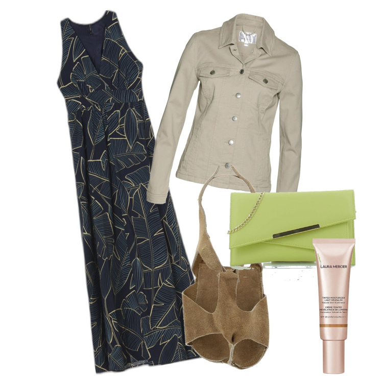 Outfit donna - In lungo. Stile Boho per Serata fuori. Abbinamento con blazer, vestiti lunghi, sandali, clutch, primer.
