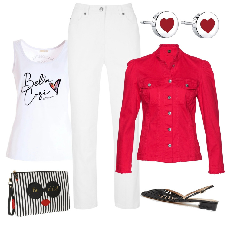 Outfit donna - A lezione universitaria. Stile Casual per Tutti i giorni. Abbinamento con pantaloni, blazer, canottiere, orecchini, sandali, pochette.