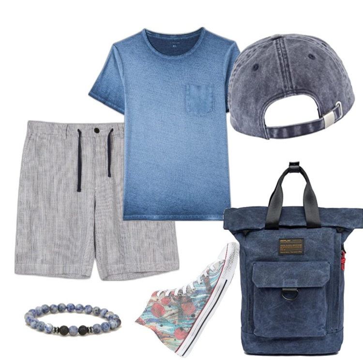 Outfit uomo - Estate. Stile Trendy per Tutti i giorni. Abbinamento con sneakers, t-shirt, braccialetti, bermuda, cappelli, borse sportive.
