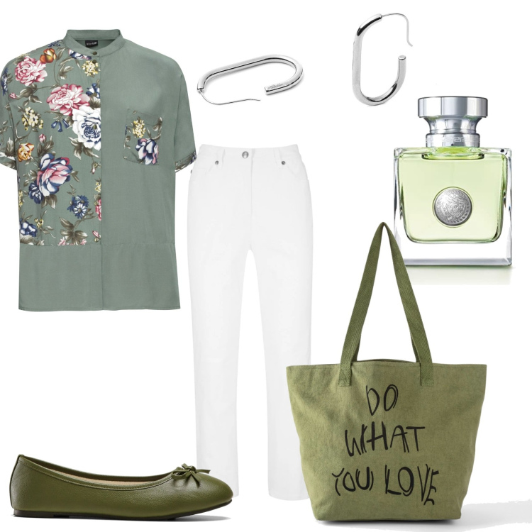 Outfit donna - Pantalone bianco e camicia fiori. Stile Glamour per Tutti i giorni. Abbinamento con pantaloni, camicie, shopping bag, ballerine, orecchini, profumi.