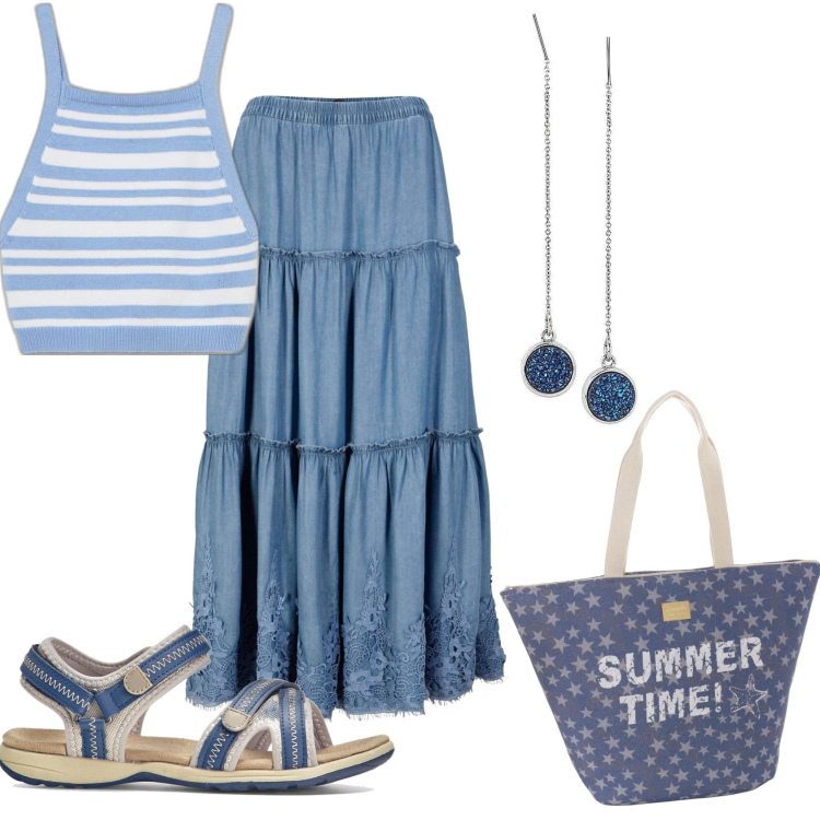 Outfit donna - Gonna lunga e top. Stile Trendy per Tutti i giorni. Abbinamento con sandali, gonne, orecchini, top, borse a secchiello.