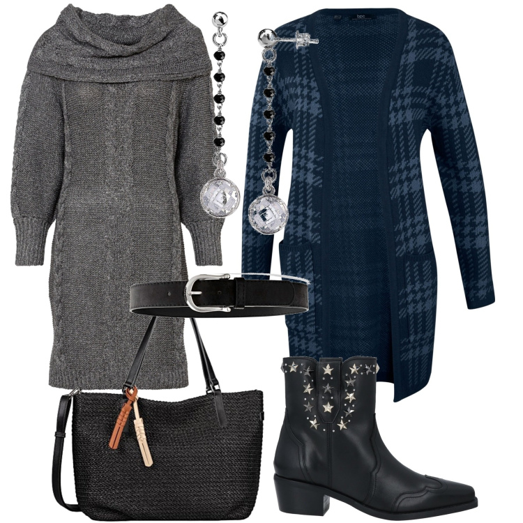 Outfit donna - Oggi piove e fa freddo. Stile Casual chic per Tutti i giorni. Abbinamento con stivaletti, shopping bag, cinture, cardigans, orecchini, borse a tracolla.