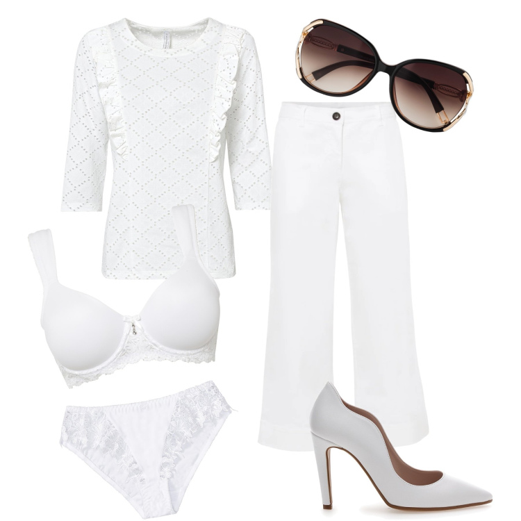 Outfit donna - Total look #1620228. Stile Romantica per Tutti i giorni. Abbinamento con reggiseni, occhiali da sole, maglieria, pantaloni culotte, slip, décolleté.