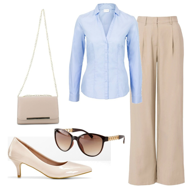 Outfit donna - Toni chiari. Stile Chic per Cerimonia. Abbinamento con camicie, pantaloni, décolleté, occhiali da sole, clutch.