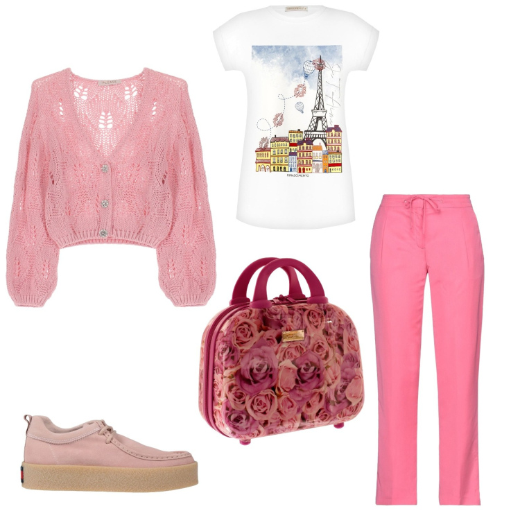 Outfit donna - A casa per la festa della mamma. Stile Romantica per Tutti i giorni. Abbinamento con scarpe stringate, pantaloni, cardigans, t-shirt, valigie.