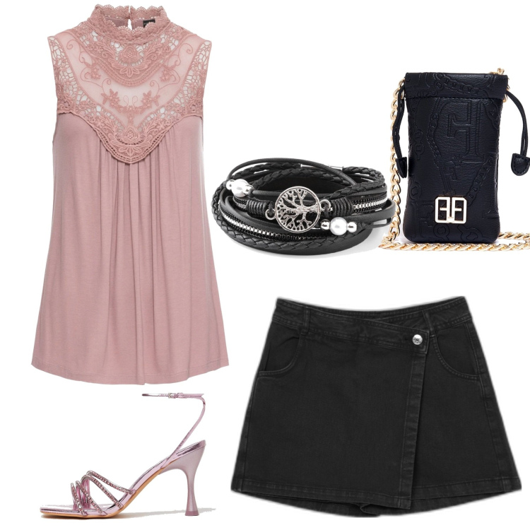 Outfit donna - Total look #1620370. Abbinamento con top, braccialetti, borse a mano, shorts, sandali col tacco.