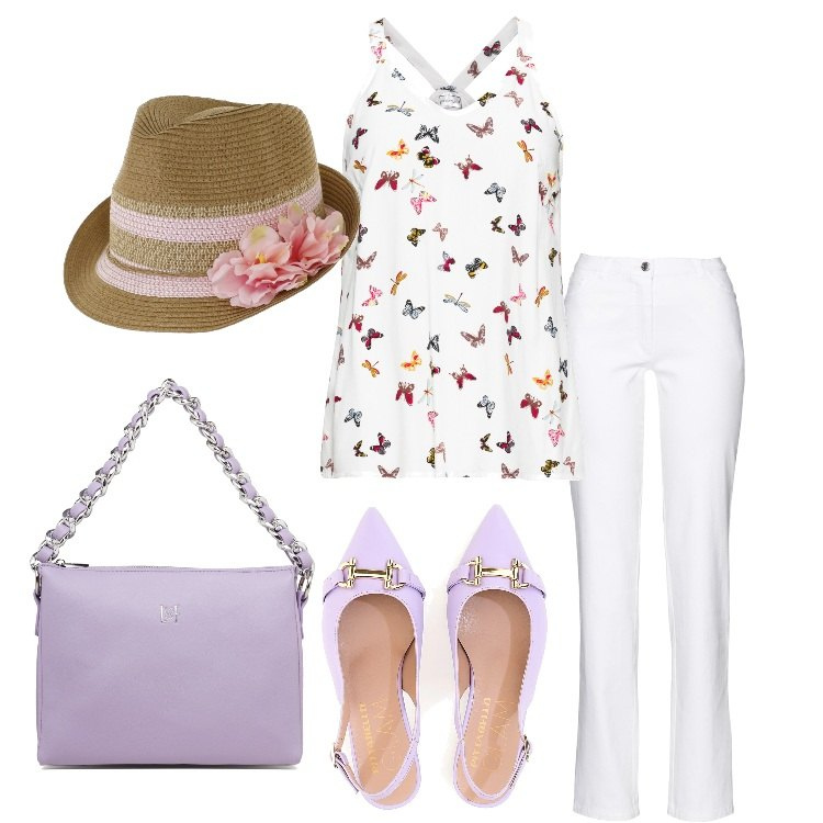 Outfit donna - Così Romantica. Stile Romantica per Tutti i giorni. Abbinamento con top, pantaloni, borse a tracolla, ballerine, cappelli.