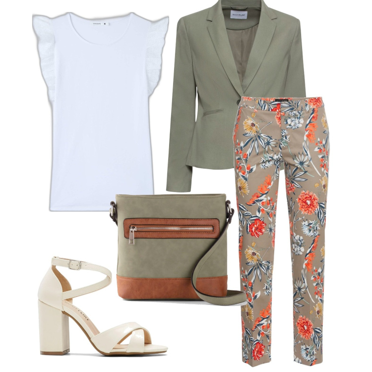 Outfit donna - Aperitivo. Stile Casual chic per Tutti i giorni. look ideale per Petite. Abbinamento con pantaloni, blazer, sandali col tacco, borse a tracolla, t-shirt.