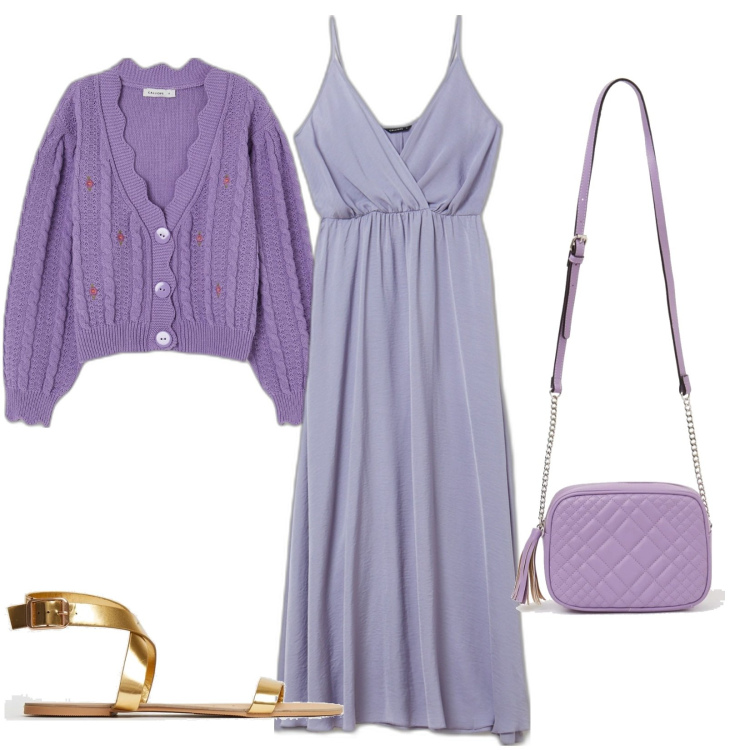 Outfit donna - Raso e maglia per una cerimonia. Stile Glamour per Cerimonia. Abbinamento con vestiti lunghi, cardigans, borse a tracolla, sandali.