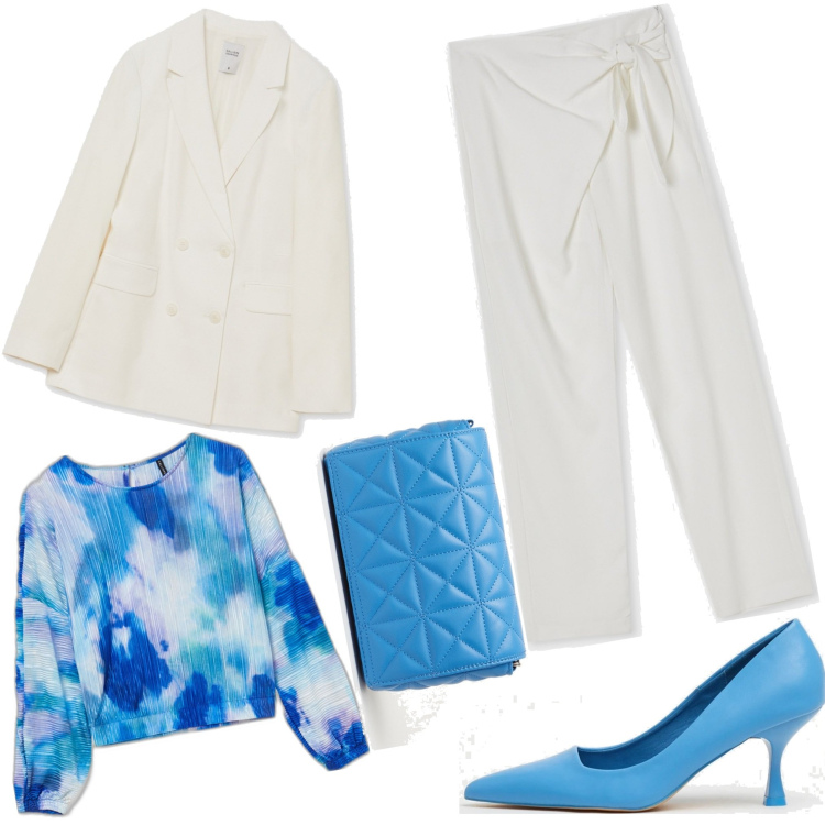 Outfit donna - Bianco e azzurro. Stile Casual chic per Cerimonia. Abbinamento con bluse, pantaloni, décolleté, giacche, borse a spalla.