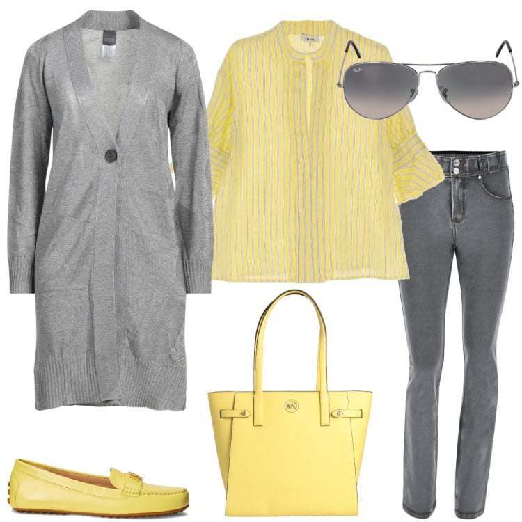 Outfit donna - Università. Stile Casual per Scuola/Università. Abbinamento con cardigans, borse a mano, camicie, jeans slim fit, mocassini, occhiali da sole.