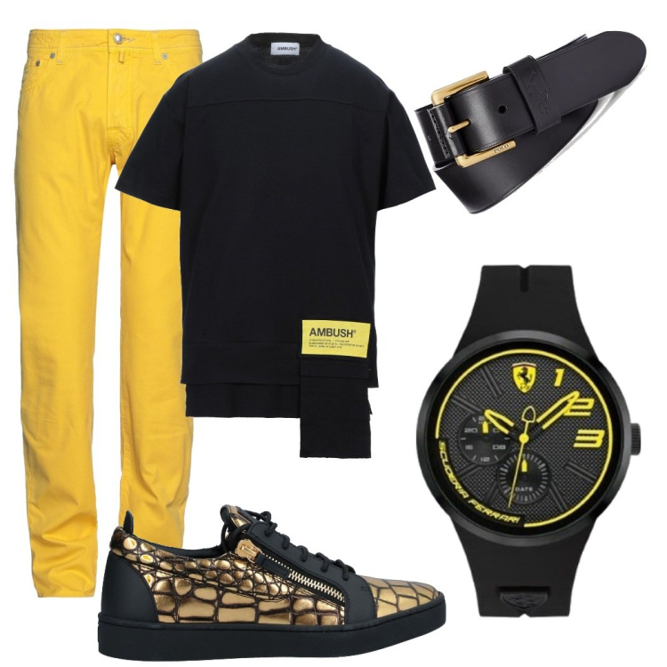 Outfit uomo - Total look #1620618. Stile Trendy per Serata speciale. Abbinamento con sneakers, t-shirt, pantaloni, orologi, cinture.