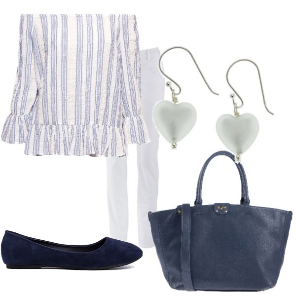 Outfit donna - Basic #15150. Stile Basic per Tutti i giorni. Abbinamento con pantaloni, borsa a mano maxi con zip interno foderato in pelle sintetica tinta unita, camicia bianco, ballerine effetto scamosciato in pelle sintetica blu scuro, orecchini in argento 925.