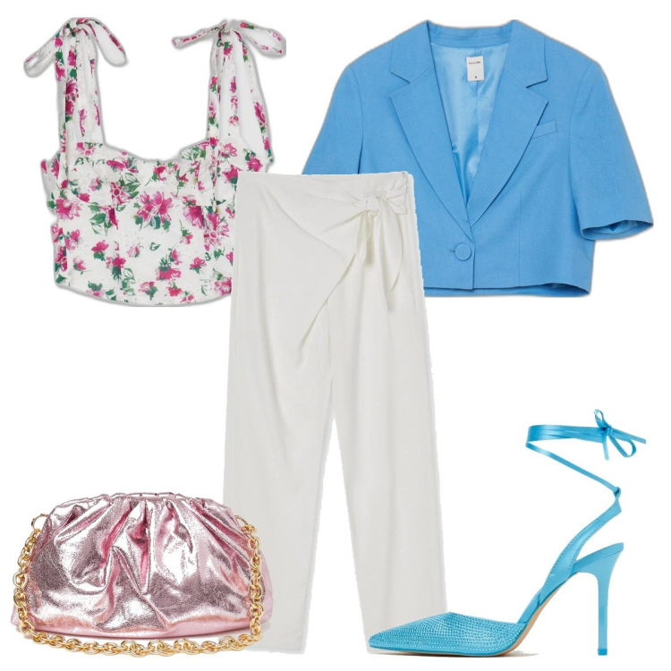 Outfit donna - Completo con pantalone elegante. Stile Chic per Cerimonia. Abbinamento con pantaloni, décolleté, blazer, top, borse a spalla.