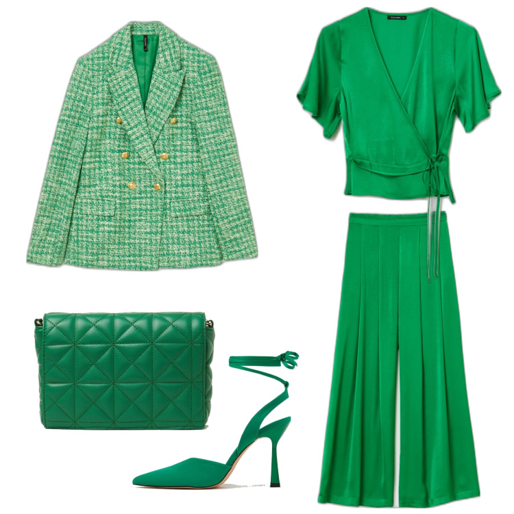 Outfit donna - Battesimo in verde. Stile Chic per Cerimonia. Abbinamento con pantaloni, bluse, giacche, décolleté, borse a spalla.