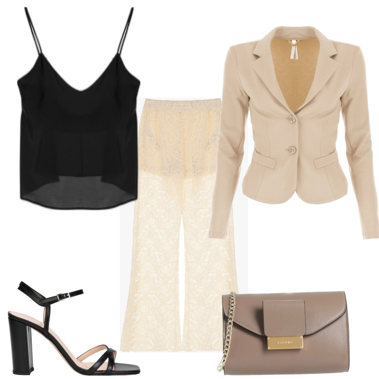 Outfit donna - #Serata #. Stile Trendy per Serata fuori. Abbinamento con sandali col tacco, borse a tracolla, pantaloni a palazzo, giacche, canottiere.